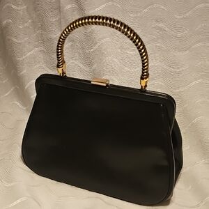 Block vintage brown leather kiss closure top handle bag very good condition